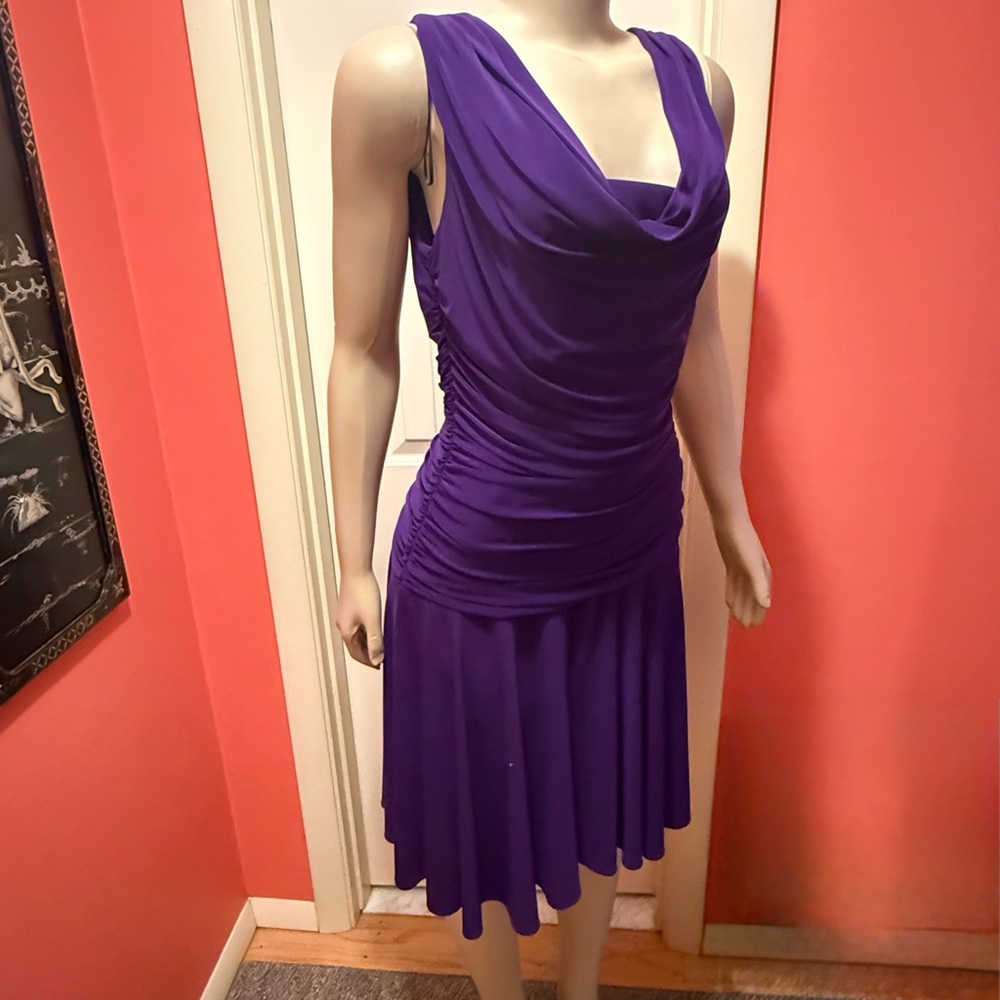 This Night Way Collections Purple Dress Draped Neckline side Ruching Flattering